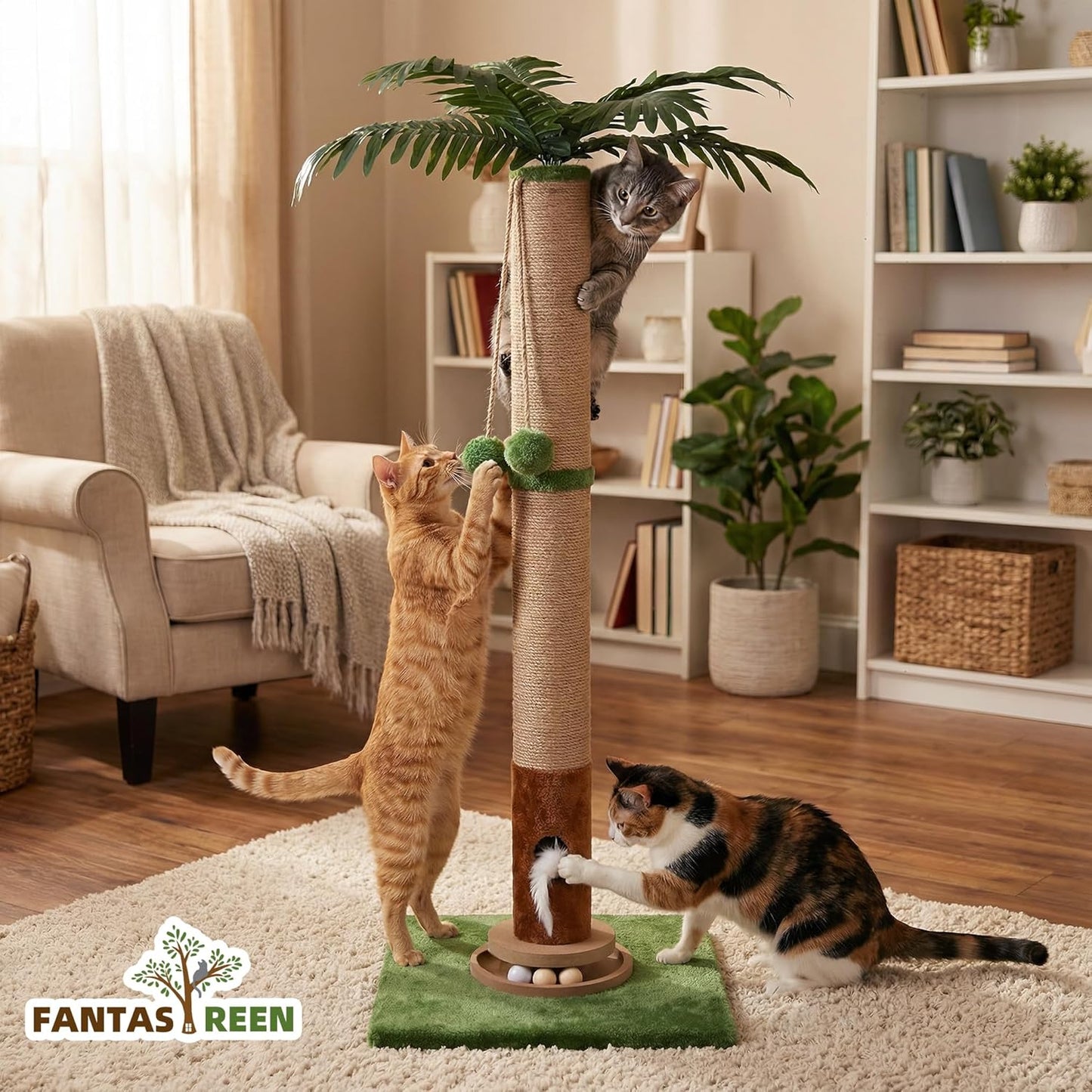 Cat Scratching Post 33'' Cat Scratcher Tall Scratching Posts for Indoor Cats with Cat Toy and Interactive Ball Self Groomer for Kittens Adults Cats