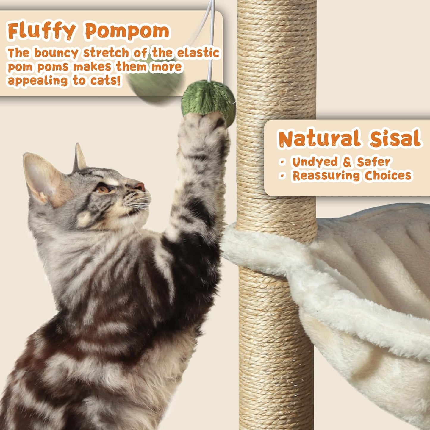 Cat Scratching Post 33'' Cat Scratcher Tall Scratching Posts for Indoor Cats with Cat Toy and Interactive Ball Self Groomer for Kittens Adults Cats