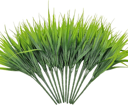 12 Bundles Artificial Grass Fake Plants，Outdoor Fake Monkey Tail Grass with Flowers for Pot UV Resistant Lavender Patio Garden Porch Home Window Hanging Planter Decor Faux Plastic Shrubs(Puper+Green)