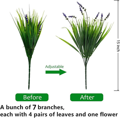 12 Bundles Artificial Grass Fake Plants，Outdoor Fake Monkey Tail Grass with Flowers for Pot UV Resistant Lavender Patio Garden Porch Home Window Hanging Planter Decor Faux Plastic Shrubs(Puper+Green)