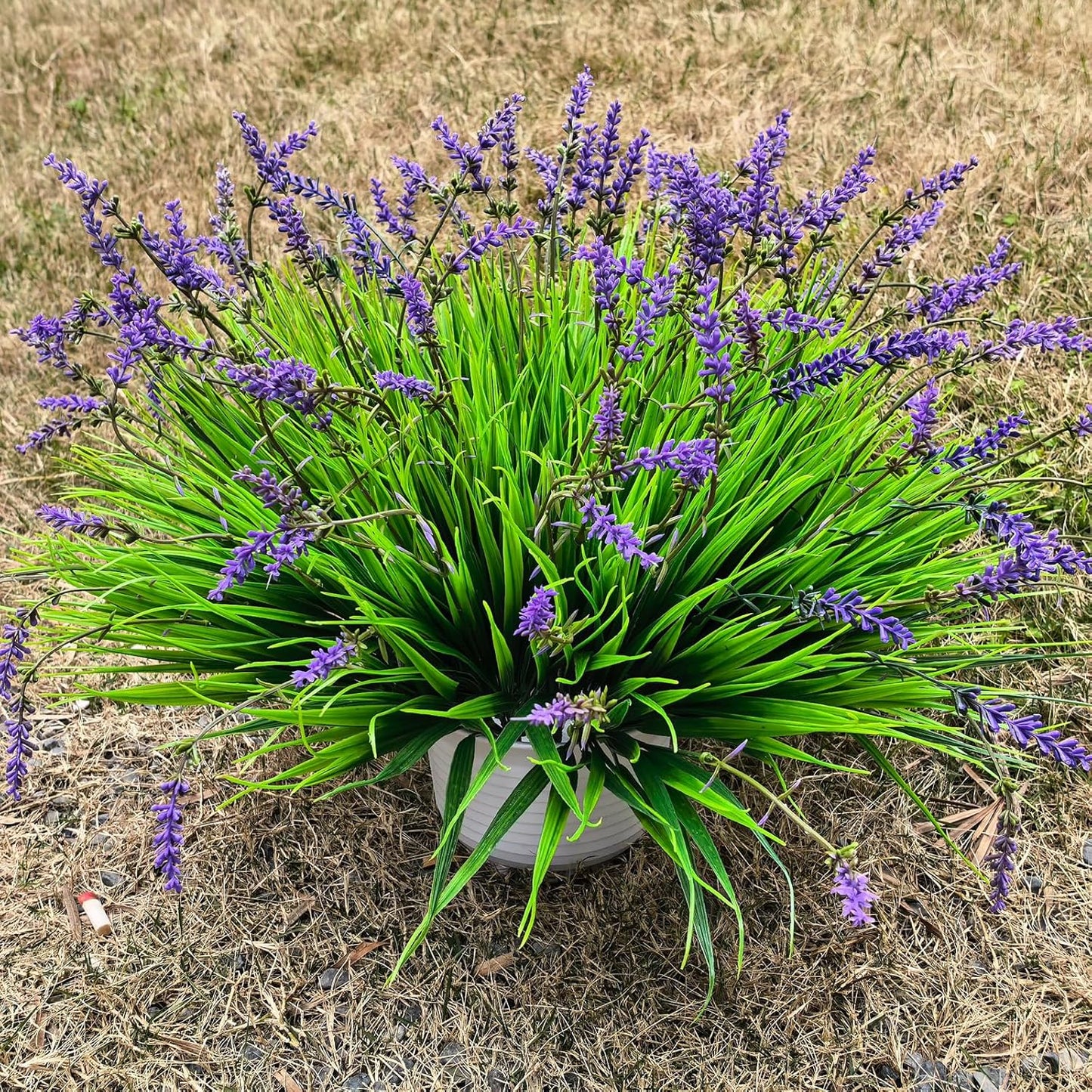12 Bundles Artificial Grass Fake Plants，Outdoor Fake Monkey Tail Grass with Flowers for Pot UV Resistant Lavender Patio Garden Porch Home Window Hanging Planter Decor Faux Plastic Shrubs(Puper+Green)
