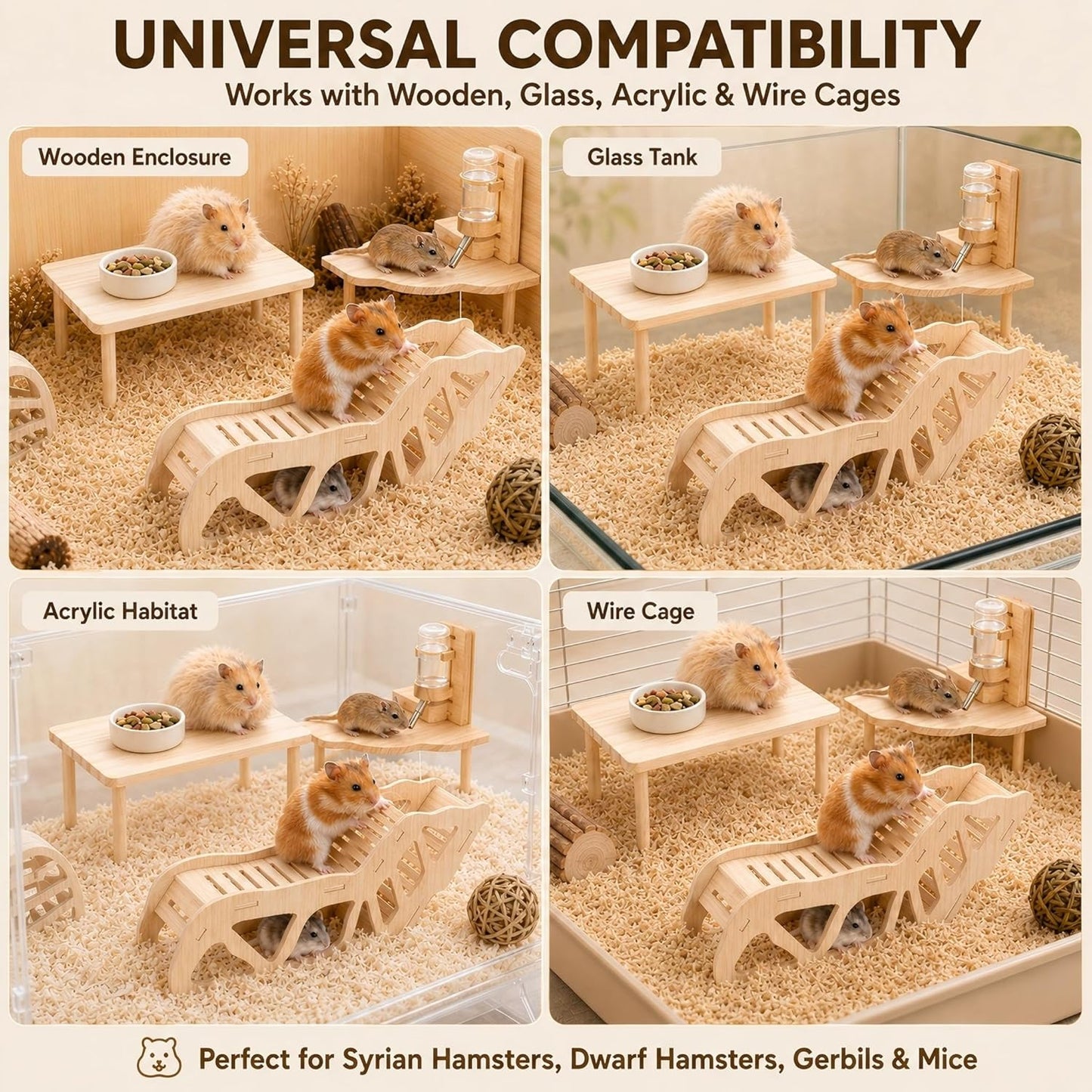 3-Piece Hamster Wood Platform Set with Tunnel Hideout, Natural Cage Accessories with Hides, Food & Water Stations, Climbing & Burrowing for Dwarf, Syrian Hamsters, Mice & Gerbils
