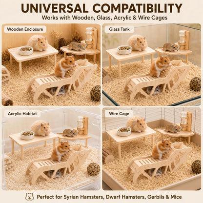 3-Piece Hamster Wood Platform Set with Tunnel Hideout, Natural Cage Accessories with Hides, Food & Water Stations, Climbing & Burrowing for Dwarf, Syrian Hamsters, Mice & Gerbils