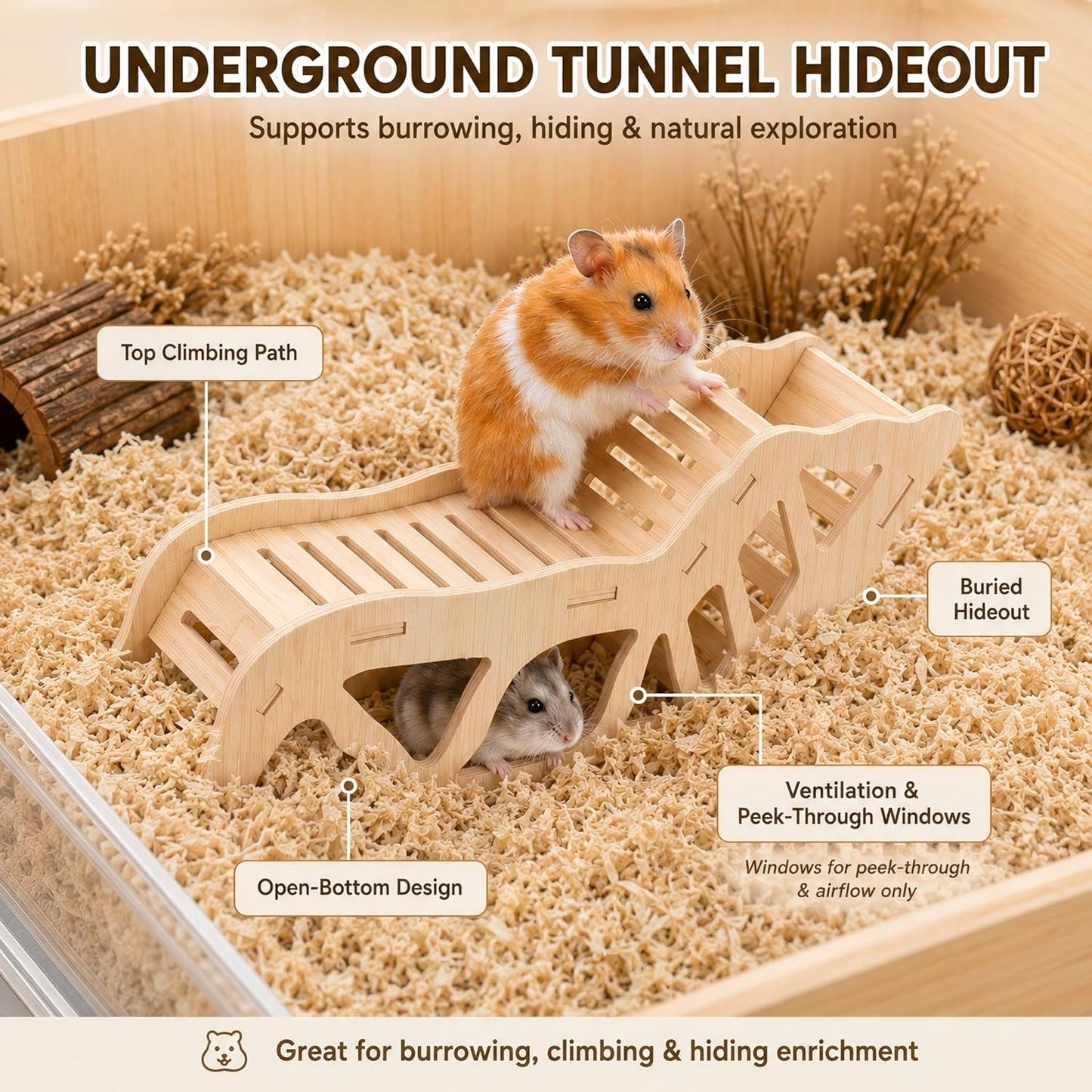 3-Piece Hamster Wood Platform Set with Tunnel Hideout, Natural Cage Accessories with Hides, Food & Water Stations, Climbing & Burrowing for Dwarf, Syrian Hamsters, Mice & Gerbils