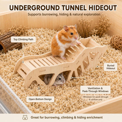 3-Piece Hamster Wood Platform Set with Tunnel Hideout, Natural Cage Accessories with Hides, Food & Water Stations, Climbing & Burrowing for Dwarf, Syrian Hamsters, Mice & Gerbils