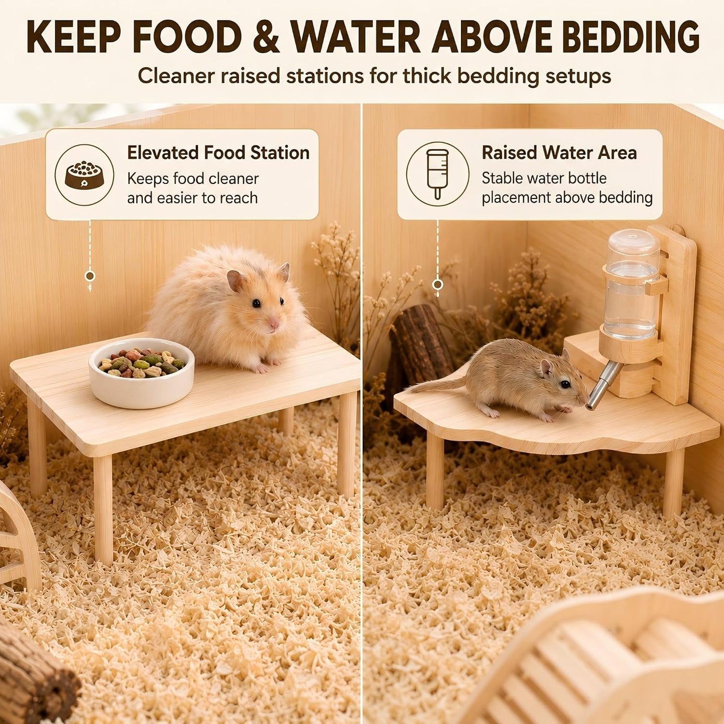 3-Piece Hamster Wood Platform Set with Tunnel Hideout, Natural Cage Accessories with Hides, Food & Water Stations, Climbing & Burrowing for Dwarf, Syrian Hamsters, Mice & Gerbils