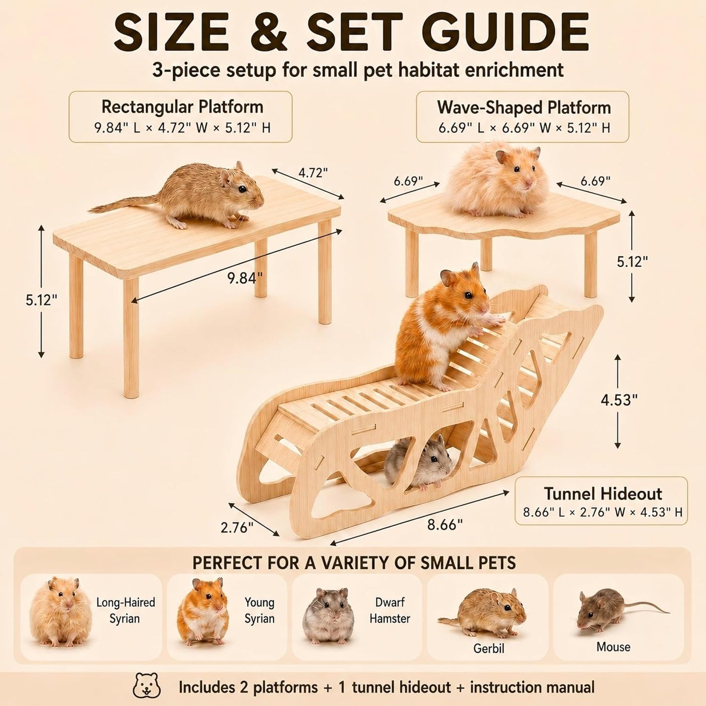 3-Piece Hamster Wood Platform Set with Tunnel Hideout, Natural Cage Accessories with Hides, Food & Water Stations, Climbing & Burrowing for Dwarf, Syrian Hamsters, Mice & Gerbils