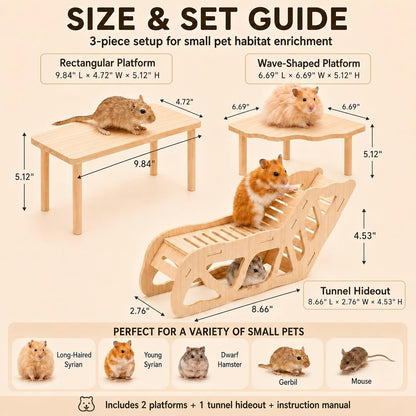 3-Piece Hamster Wood Platform Set with Tunnel Hideout, Natural Cage Accessories with Hides, Food & Water Stations, Climbing & Burrowing for Dwarf, Syrian Hamsters, Mice & Gerbils