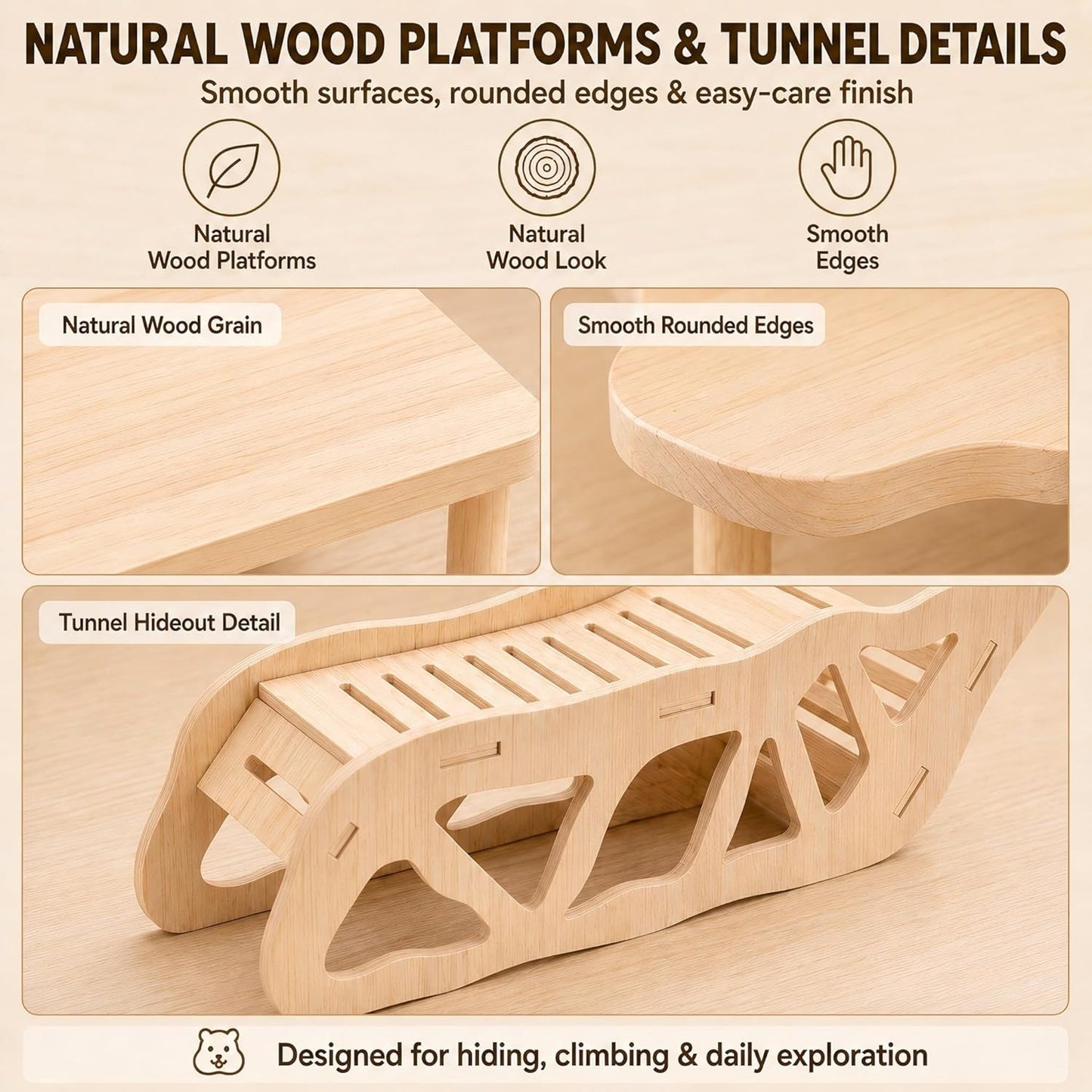3-Piece Hamster Wood Platform Set with Tunnel Hideout, Natural Cage Accessories with Hides, Food & Water Stations, Climbing & Burrowing for Dwarf, Syrian Hamsters, Mice & Gerbils