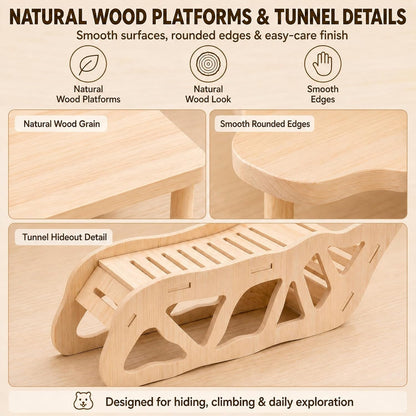 3-Piece Hamster Wood Platform Set with Tunnel Hideout, Natural Cage Accessories with Hides, Food & Water Stations, Climbing & Burrowing for Dwarf, Syrian Hamsters, Mice & Gerbils