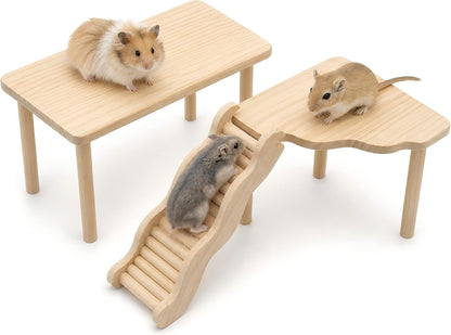 3-Piece Hamster Wood Platform Set with Tunnel Hideout, Natural Cage Accessories with Hides, Food & Water Stations, Climbing & Burrowing for Dwarf, Syrian Hamsters, Mice & Gerbils
