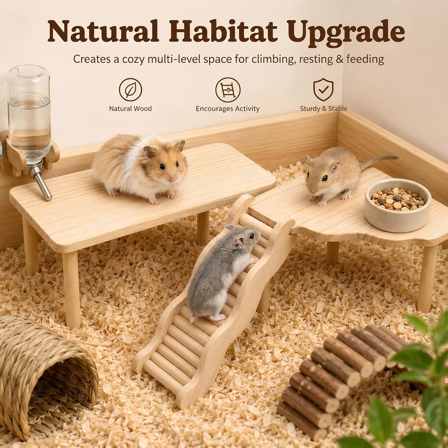 3-Piece Hamster Wood Platform Set with Tunnel Hideout, Natural Cage Accessories with Hides, Food & Water Stations, Climbing & Burrowing for Dwarf, Syrian Hamsters, Mice & Gerbils