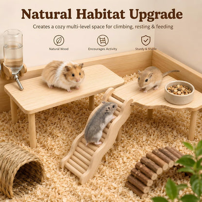 3-Piece Hamster Wood Platform Set with Tunnel Hideout, Natural Cage Accessories with Hides, Food & Water Stations, Climbing & Burrowing for Dwarf, Syrian Hamsters, Mice & Gerbils