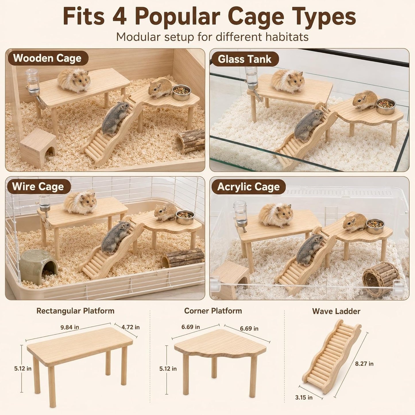 3-Piece Hamster Wood Platform Set with Tunnel Hideout, Natural Cage Accessories with Hides, Food & Water Stations, Climbing & Burrowing for Dwarf, Syrian Hamsters, Mice & Gerbils