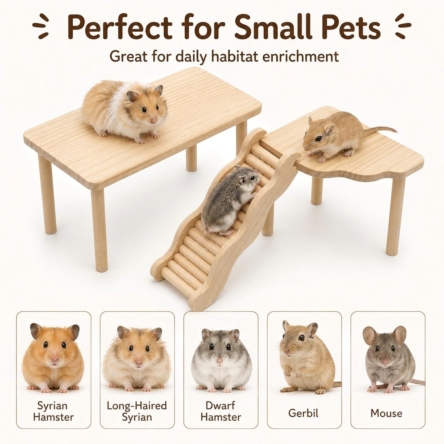 3-Piece Hamster Wood Platform Set with Tunnel Hideout, Natural Cage Accessories with Hides, Food & Water Stations, Climbing & Burrowing for Dwarf, Syrian Hamsters, Mice & Gerbils