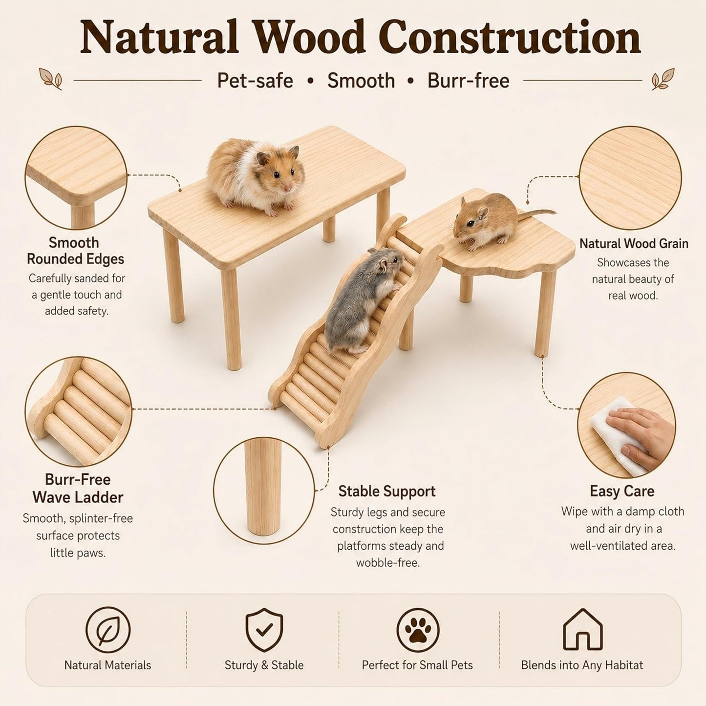3-Piece Hamster Wood Platform Set with Tunnel Hideout, Natural Cage Accessories with Hides, Food & Water Stations, Climbing & Burrowing for Dwarf, Syrian Hamsters, Mice & Gerbils