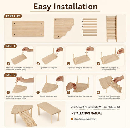 3-Piece Hamster Wood Platform Set with Tunnel Hideout, Natural Cage Accessories with Hides, Food & Water Stations, Climbing & Burrowing for Dwarf, Syrian Hamsters, Mice & Gerbils