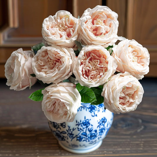 4 Pcs Real Touch Peonies Artificial Flowers, 3.5'' Big Bloom Austin Rose Peony Latex Fake Flower with Stems for Wedding Bouquet Party Valentines Arrangement Home Kitchen (Champagne)