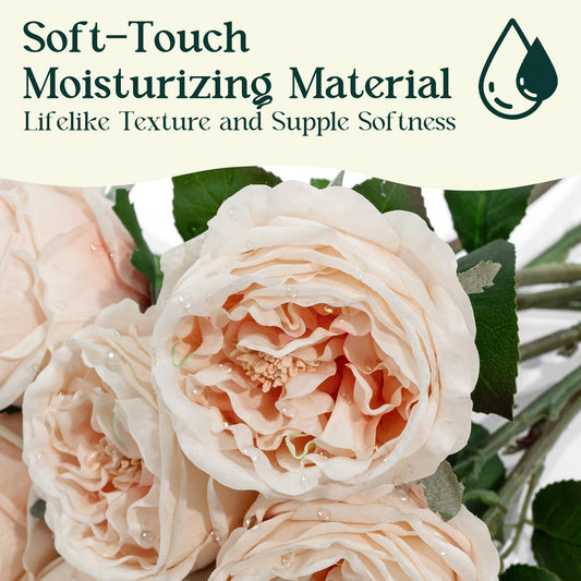 4 Pcs Real Touch Peonies Artificial Flowers, 3.5'' Big Bloom Austin Rose Peony Latex Fake Flower with Stems for Wedding Bouquet Party Valentines Arrangement Home Kitchen (Champagne)