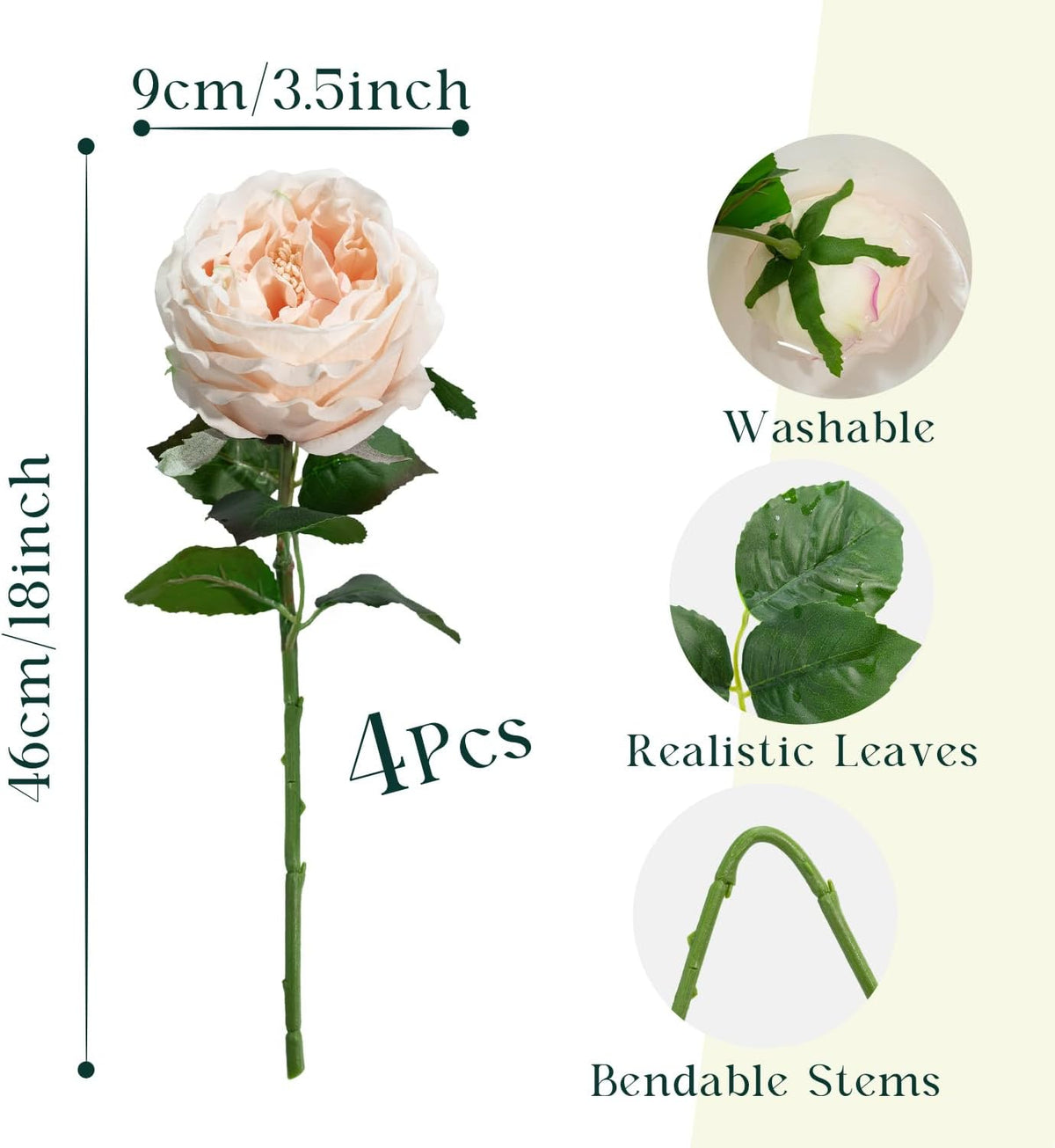 4 Pcs Real Touch Peonies Artificial Flowers, 3.5'' Big Bloom Austin Rose Peony Latex Fake Flower with Stems for Wedding Bouquet Party Valentines Arrangement Home Kitchen (Champagne)