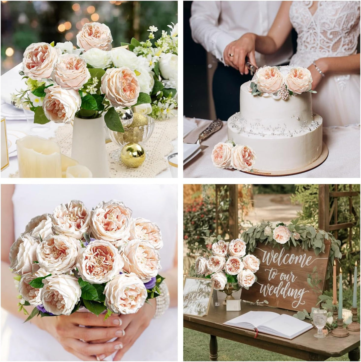 4 Pcs Real Touch Peonies Artificial Flowers, 3.5'' Big Bloom Austin Rose Peony Latex Fake Flower with Stems for Wedding Bouquet Party Valentines Arrangement Home Kitchen (Champagne)