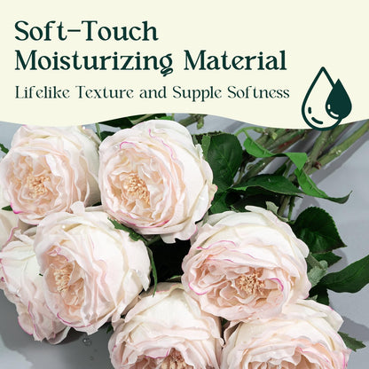 4 Pcs Real Touch Peonies Artificial Flowers, 3.5'' Big Bloom Austin Rose Peony Latex Fake Flower with Stems for Wedding Bouquet Party Valentines Arrangement Home Kitchen (Champagne)