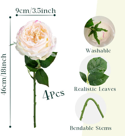 4 Pcs Real Touch Peonies Artificial Flowers, 3.5'' Big Bloom Austin Rose Peony Latex Fake Flower with Stems for Wedding Bouquet Party Valentines Arrangement Home Kitchen (Champagne)