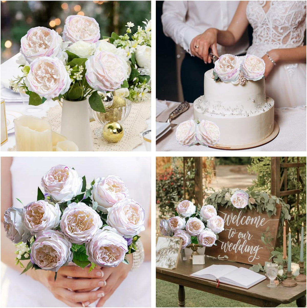 4 Pcs Real Touch Peonies Artificial Flowers, 3.5'' Big Bloom Austin Rose Peony Latex Fake Flower with Stems for Wedding Bouquet Party Valentines Arrangement Home Kitchen (Champagne)