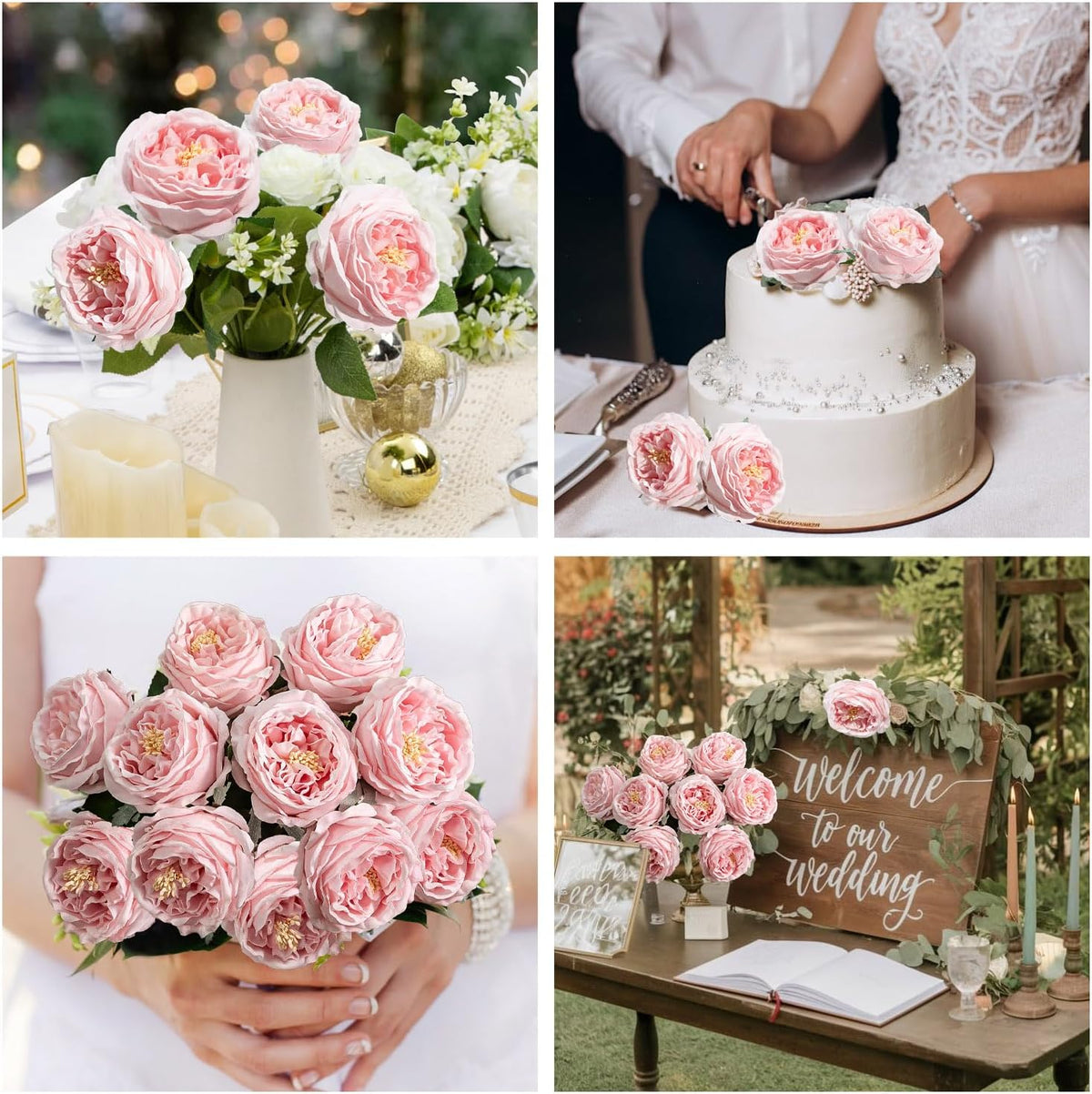 4 Pcs Real Touch Peonies Artificial Flowers, 3.5'' Big Bloom Austin Rose Peony Latex Fake Flower with Stems for Wedding Bouquet Party Valentines Arrangement Home Kitchen (Champagne)