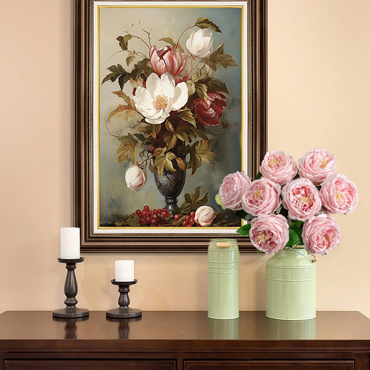 4 Pcs Real Touch Peonies Artificial Flowers, 3.5'' Big Bloom Austin Rose Peony Latex Fake Flower with Stems for Wedding Bouquet Party Valentines Arrangement Home Kitchen (Champagne)