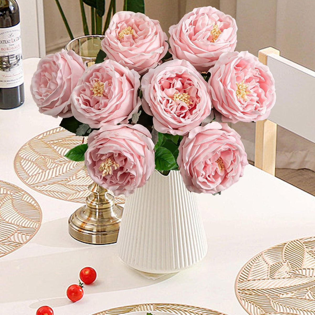 4 Pcs Real Touch Peonies Artificial Flowers, 3.5'' Big Bloom Austin Rose Peony Latex Fake Flower with Stems for Wedding Bouquet Party Valentines Arrangement Home Kitchen (Champagne)