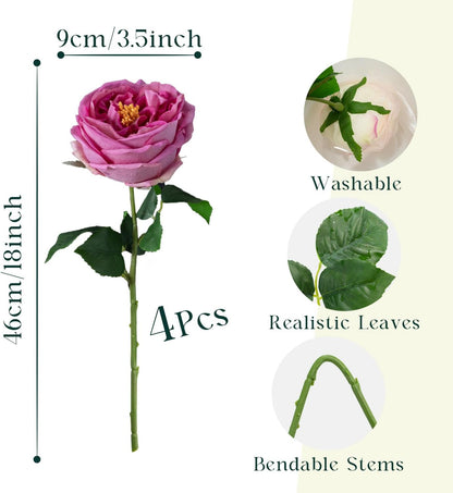 4 Pcs Real Touch Peonies Artificial Flowers, 3.5'' Big Bloom Austin Rose Peony Latex Fake Flower with Stems for Wedding Bouquet Party Valentines Arrangement Home Kitchen (Champagne)