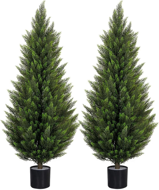 VIVATREES 4FT Artificial Cedar Topiary Trees with Rustic Barrel Planter, Outdoor Indoor Realistic Faux Pine Shrubs Plants, Fake Cypress Trees for Home Offices Porch Decor, Set of 2