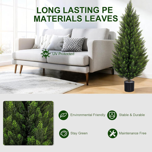 VIVATREES 4FT Artificial Cedar Topiary Trees with Rustic Barrel Planter, Outdoor Indoor Realistic Faux Pine Shrubs Plants, Fake Cypress Trees for Home Offices Porch Decor, Set of 2