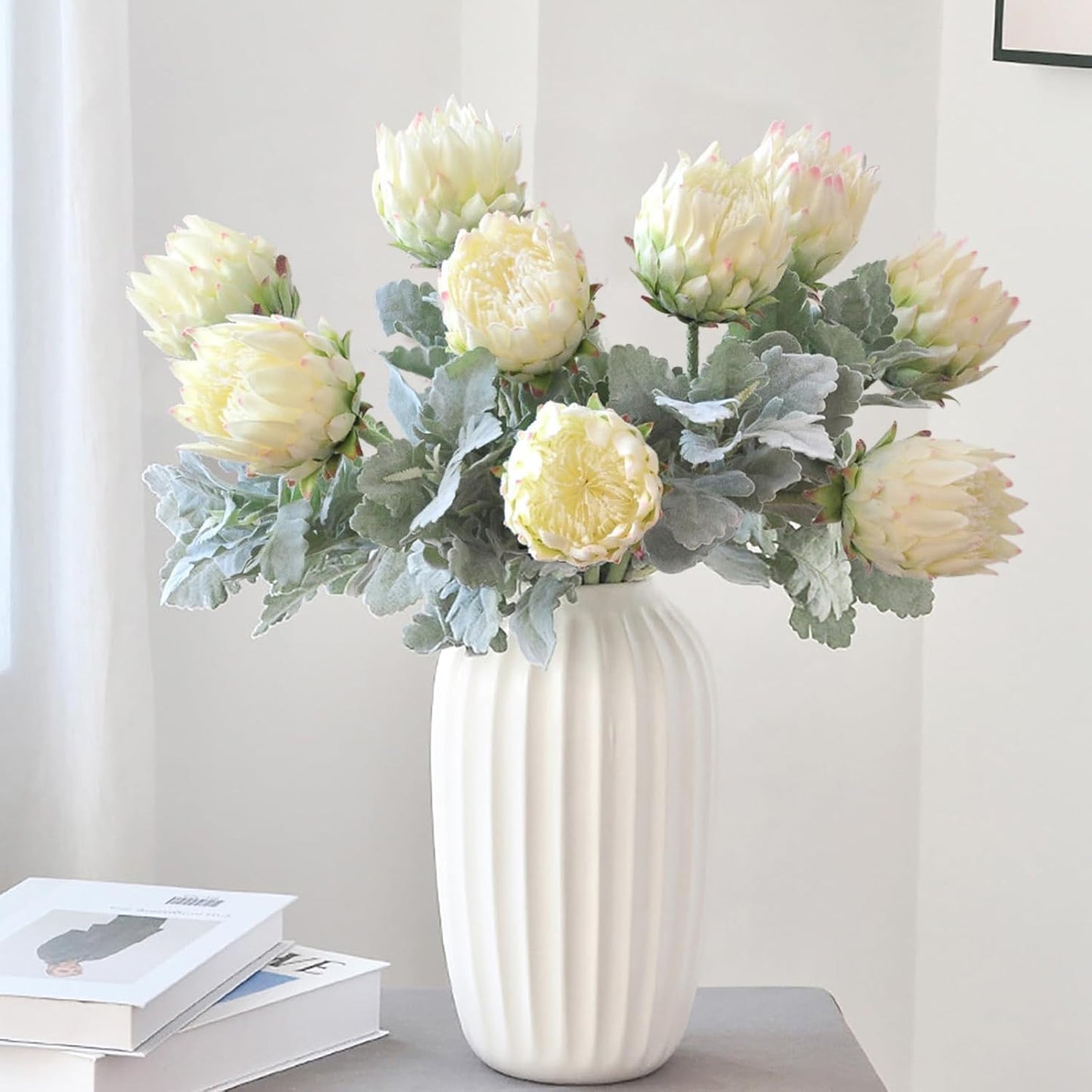 4 Piece Artificial King Protea Flower Tropical Flowers Bouquet Spring Fake Protea Cynaroides Flower Arrangements Silk Flower Bouquet for Wedding Table Centerpiece Decor