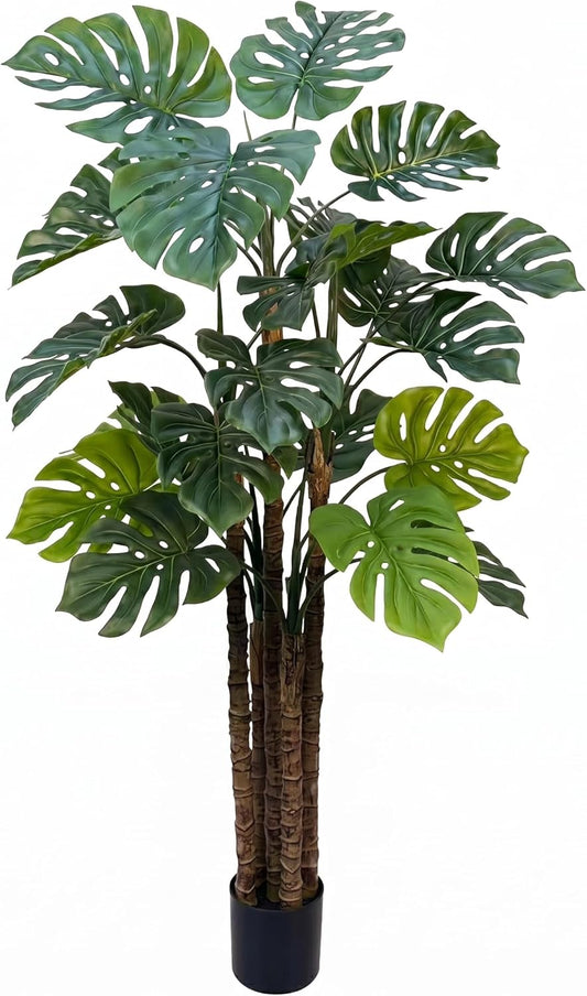 6FT Artificial Monstera,Fake Swiss Cheese Plants Faux Tropical with Bark and Black Pot for Indoor Outdoor Office Living Room Home Decor