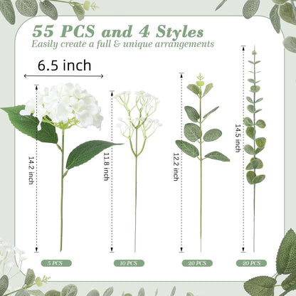 55pcs Hydrangea Artificial Flowers, Silk Fake Flower for Home Vase Decor