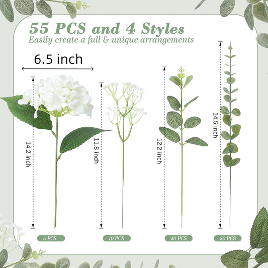 55pcs Hydrangea Artificial Flowers, Silk Fake Flower for Home Vase Decor
