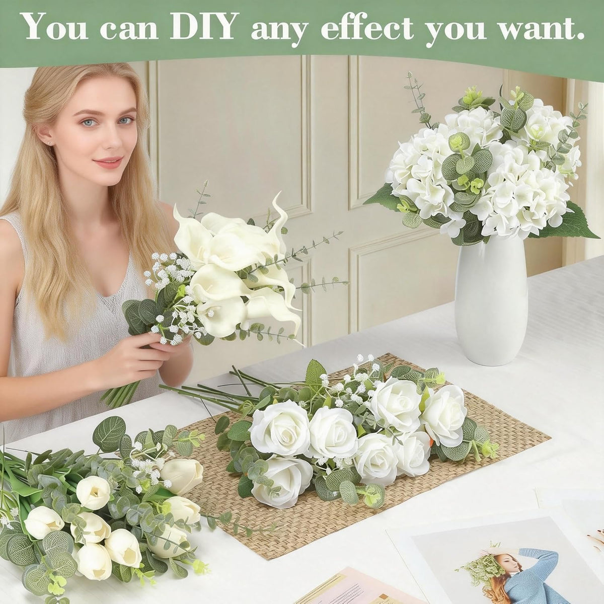 55pcs Hydrangea Artificial Flowers, Silk Fake Flower for Home Vase Decor