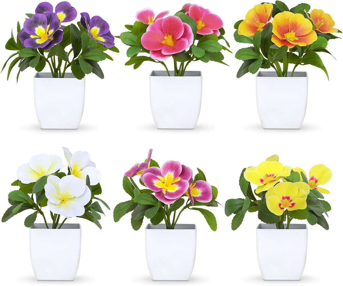 Artificial Pansy Flowers in Pots (6 Pack) - Bathroom Decor Plants 5.9" Mini Fake Plants with Small Plastic Pots, for Home Decor, Office, Table Decor，Patio Decoration Fake Greenery Gift Set