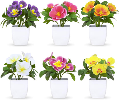 Artificial Pansy Flowers in Pots (6 Pack) - Bathroom Decor Plants 5.9" Mini Fake Plants with Small Plastic Pots, for Home Decor, Office, Table Decor，Patio Decoration Fake Greenery Gift Set
