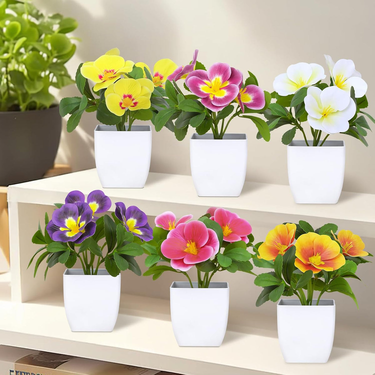 Artificial Pansy Flowers in Pots (6 Pack) - Bathroom Decor Plants 5.9" Mini Fake Plants with Small Plastic Pots, for Home Decor, Office, Table Decor，Patio Decoration Fake Greenery Gift Set