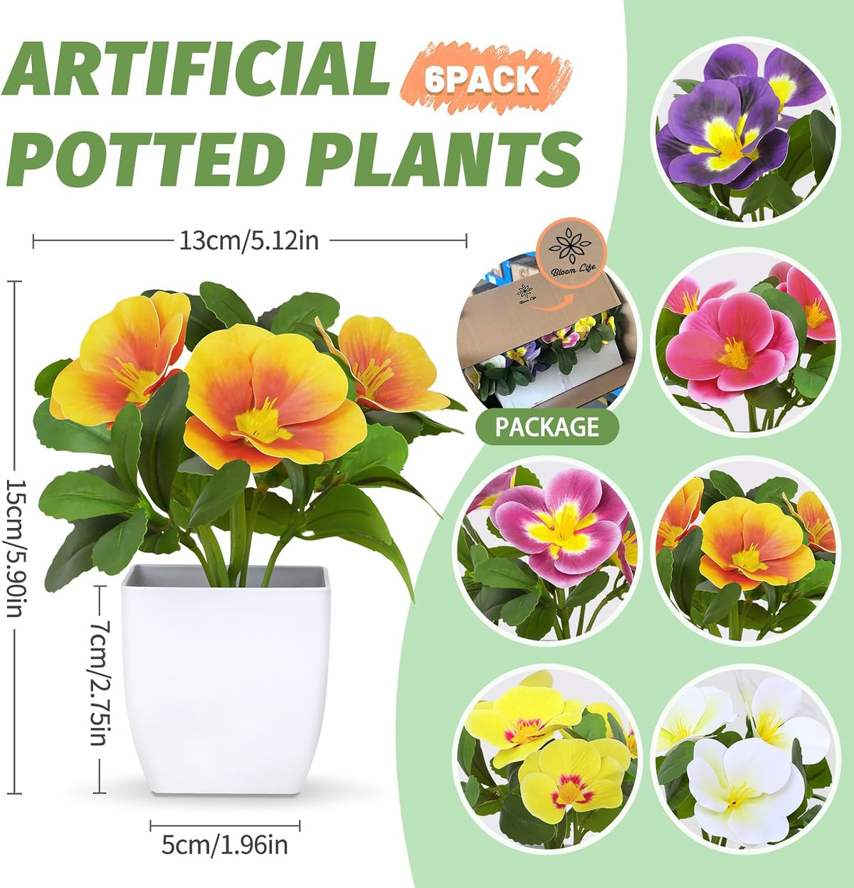 Artificial Pansy Flowers in Pots (6 Pack) - Bathroom Decor Plants 5.9" Mini Fake Plants with Small Plastic Pots, for Home Decor, Office, Table Decor，Patio Decoration Fake Greenery Gift Set