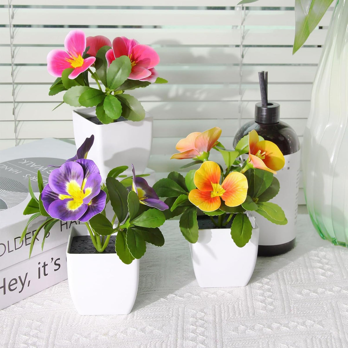Artificial Pansy Flowers in Pots (6 Pack) - Bathroom Decor Plants 5.9" Mini Fake Plants with Small Plastic Pots, for Home Decor, Office, Table Decor，Patio Decoration Fake Greenery Gift Set