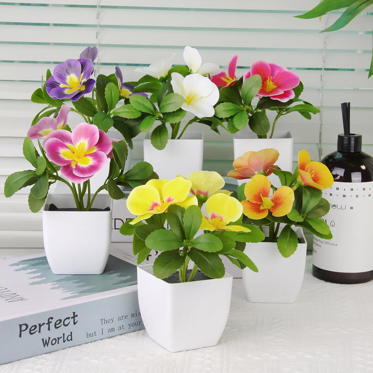 Artificial Pansy Flowers in Pots (6 Pack) - Bathroom Decor Plants 5.9" Mini Fake Plants with Small Plastic Pots, for Home Decor, Office, Table Decor，Patio Decoration Fake Greenery Gift Set