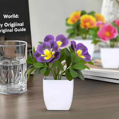 Artificial Pansy Flowers in Pots (6 Pack) - Bathroom Decor Plants 5.9" Mini Fake Plants with Small Plastic Pots, for Home Decor, Office, Table Decor，Patio Decoration Fake Greenery Gift Set