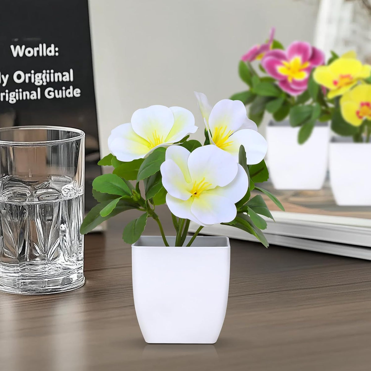 Artificial Pansy Flowers in Pots (6 Pack) - Bathroom Decor Plants 5.9" Mini Fake Plants with Small Plastic Pots, for Home Decor, Office, Table Decor，Patio Decoration Fake Greenery Gift Set