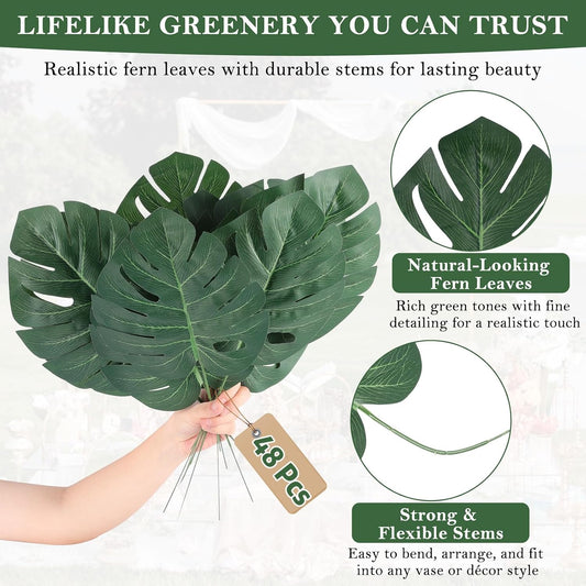 60 Pcs Artificial Monstera Leaves, 16" Faux Tropical Monstera Stems | Lifelike Fake Greenery for Wedding Decor, Jungle Party, Home Staging, Vase Fillers, No Maintenance