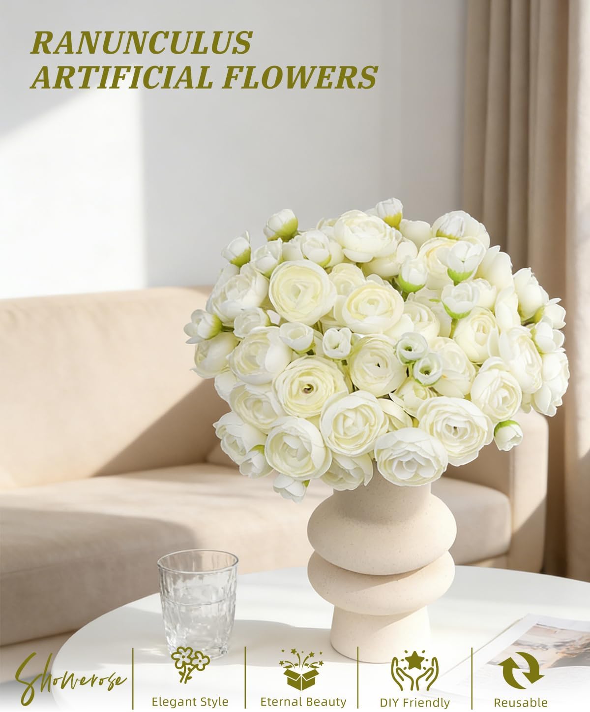 24 Pcs Ranunculus Artificial Flower Faux Silk Mini Ranunculus Flowers Fake Flowers for DIY Bouquet,Centerpieces Tables, Wedding Decor, Bridal Shower Decorations,Home Decor