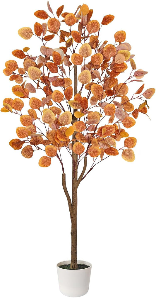 Artificial Maple Tree, Fall Tree for Outdoor Indoor Porch Entryway, Orange Potted Fake Tall Plants, Autumn Decoration for Home Office Party, Thanksgiving Halloween, 6ft